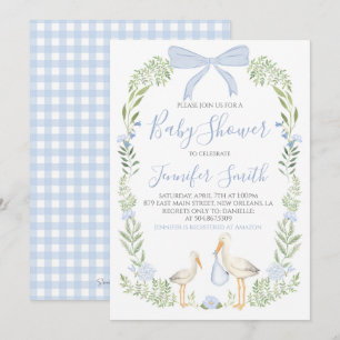 Invitation Boy Baby shower Preppy Southern Blue Stork