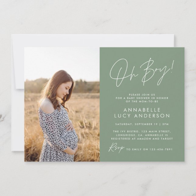 Invitation Boy baby shower script vert élégant photo (Devant)