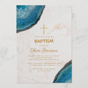 Invitation Boy Baptism Blue Agate Geode Marble Gold Cross