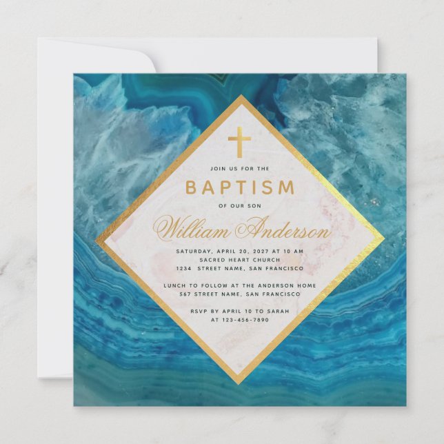Invitation Boy Baptism Blue Geode Faux Gold Cross Marble (Devant)