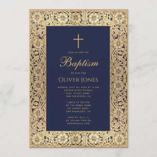 Invitation Boy Baptism Floral Gold Frame Marine Bleu Élégant
