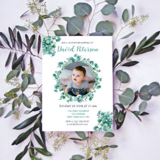 Invitation Boy Baptism Floral Turquoise Blue Wreath Invitatio