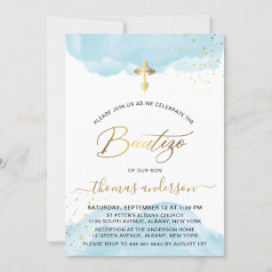 Invitation Boy Bautizo Gold Et Blue Watercolor