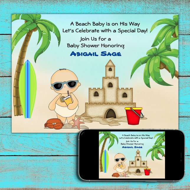 Invitation Boy Beach Baby Sandcastle, Baby shower Surfboard (Créateur téléchargé)