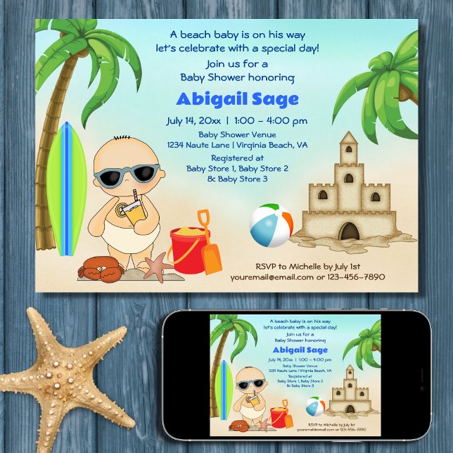 Invitation Boy Beach Baby Sandcastle, Baby shower Surfboard (Printed and Digital - Boy Beach Baby Sandcastle, Surfboard Baby Shower Invitation)