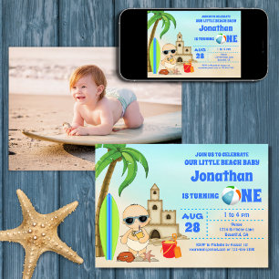 Invitation Boy Beach Baby Surfboard 1er Birthday PHOTO