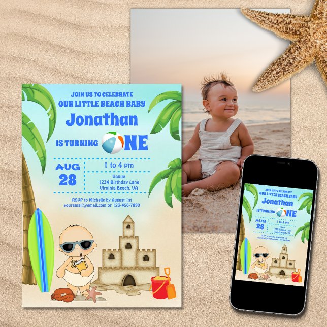 Invitation Boy Beach Baby Surfboard 1er Birthday PHOTO (Printed (Front and Back) and Digital Boy Beach Baby Surfboard 1st Birthday PHOTO Invitation)