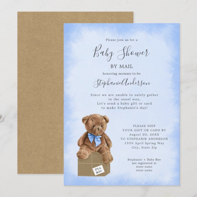 Invitation Boy Bear Baby shower par courrier (Devant / Derrière)