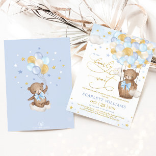 Invitation Boy Bear Hot Air Balloon Blue Gold Sky Baby shower