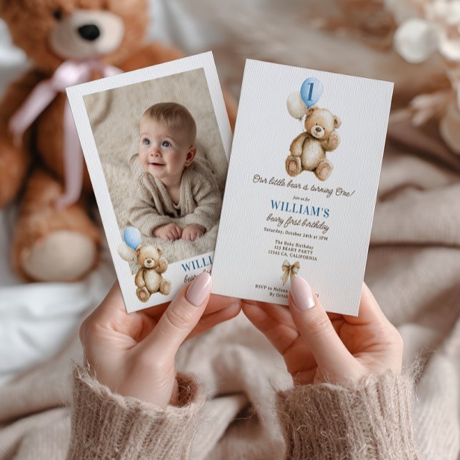 Invitation Boy Beary 1er Anniversaire Teddy Bear Photo Ballon (Boy Beary 1st Birthday Teddy Bear Photo Balloons Invitation)