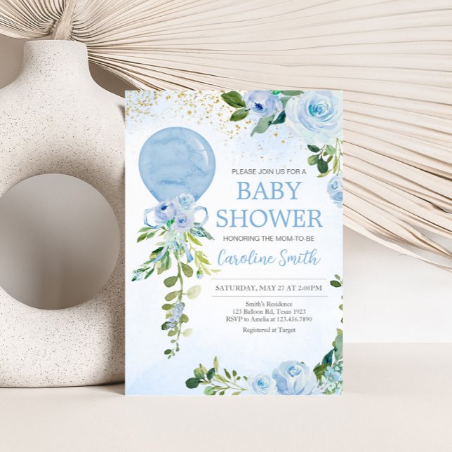 Invitation Boy Blue Balloon Baby shower de verdure (Blue Balloon Greenery Baby Shower Invitation
)
