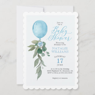 Invitation Boy Blue Balloon Baby shower de verdure