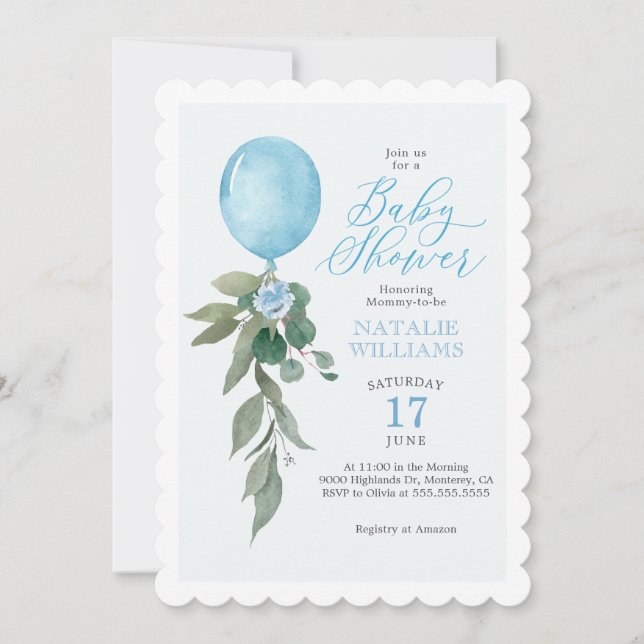 Invitation Boy Blue Balloon Baby shower de verdure (Devant)