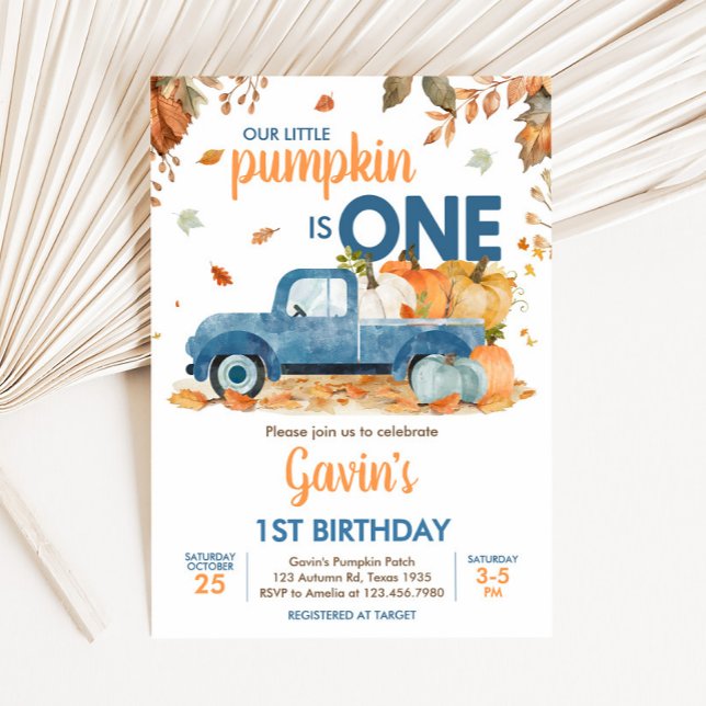 Invitation Boy Blue Citrouille Camion Automne Anniversaire (Blue Pumpkin Truck Fall Birthday Invitation)
