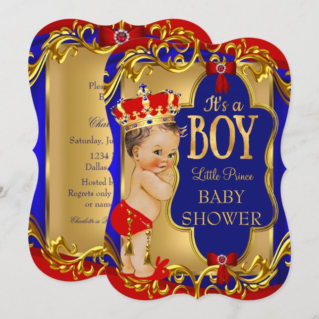 Invitation Boy Blue Red Royal Prince Baby shower (Devant / Derrière)