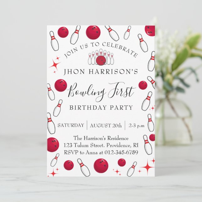 Invitation Boy Bowling Party 1st Birthday  (Debout devant)