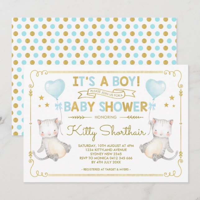 Invitation Boy Cat Baby shower Kitten Amoureux des chats Blue (Devant / Derrière)