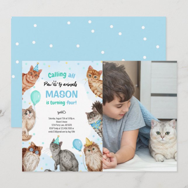 Invitation Boy Cat Pawty Animaux Photo Anniversaire (Devant / Derrière)