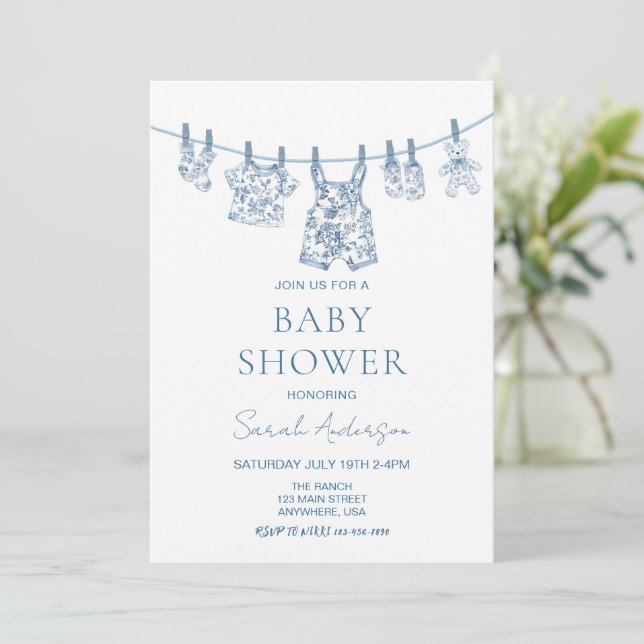 Invitation Boy Chinoiserie Toile Baby shower de vêtements béb (Debout devant)