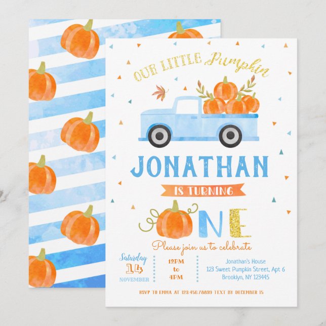 Invitation Boy Citrouille Blue Truck 1er Anniversaire Invitat (Devant / Derrière)