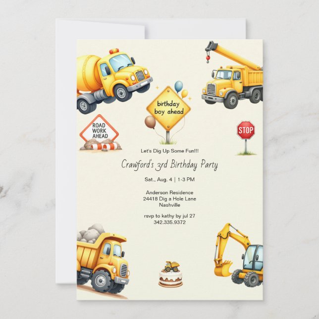 Invitation Boy Construction fête d'anniversaire (Devant)