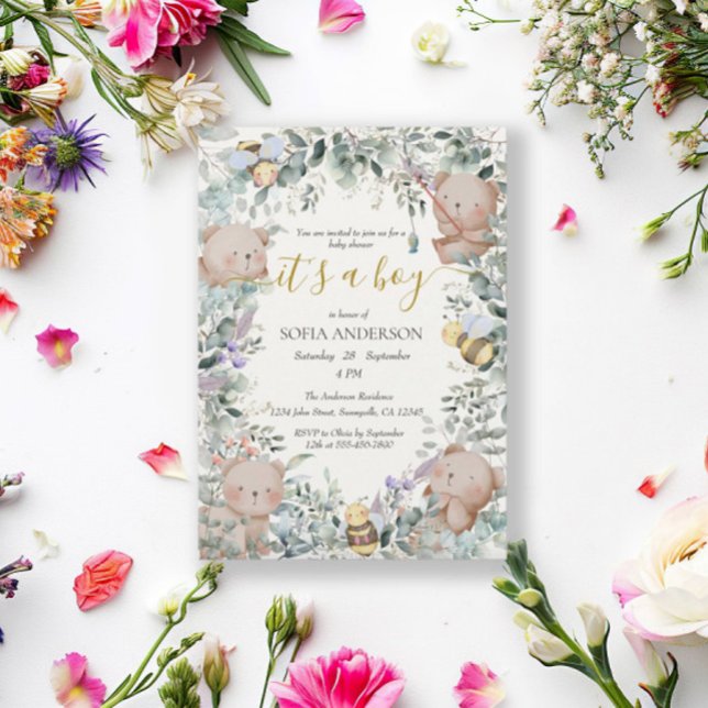 Invitation Boy Cute Aquarelle Forêt Baby shower Ours (Créateur téléchargé)