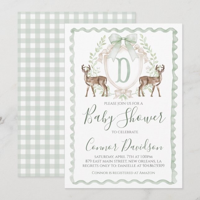 Invitation Boy Deer Baby shower Preppy Chasse Sage Green (Devant / Derrière)