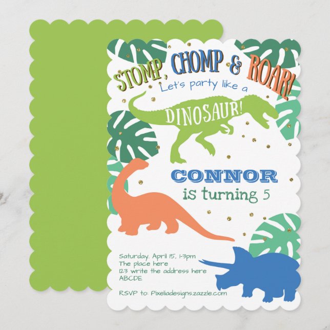 Invitation Boy Dinosaur Party, Bleu, Vert, Anniversaire Dinom (Devant / Derrière)