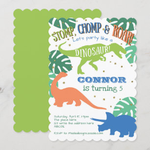 Invitation Boy Dinosaur Party, Bleu, Vert, Anniversaire Dinom
