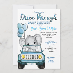 Invitation Boy Drive à travers Baby shower Elephant en voitur