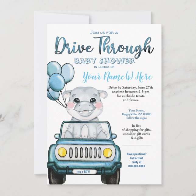 Invitation Boy Drive à travers le Baby shower Hippopotamus en (Devant)