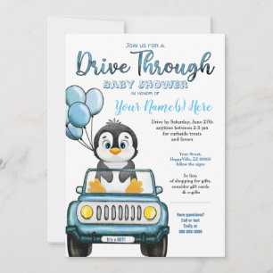 Invitation Boy Drive Through Baby shower Penguin in Car