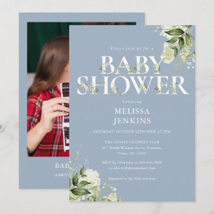 Invitation Boy Dusty Blue Greenery Foliage Baby shower photo