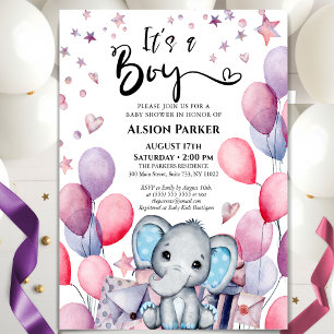 Invitation Boy Elephant Aquarelle Baby shower Bleu Ballons