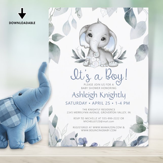 Invitation Boy Elephant Aquarelle Baby shower de verdure (Créateur téléchargé)