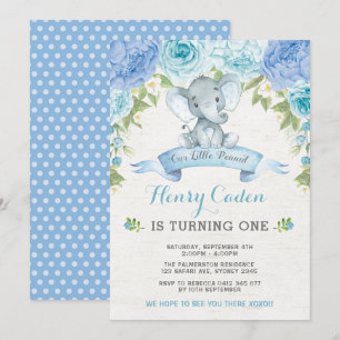 Invitation Boy Elephant Aquarelle Bleu Roses 1er anniversaire