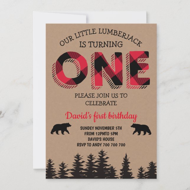Invitation Boy First Birthday Lumberjack Red Flanning Party (Devant)