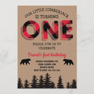 Invitation Boy First Birthday Lumberjack Red Flanning Party