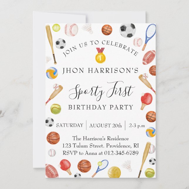 Invitation Boy First Birthday Party Sports (Devant)