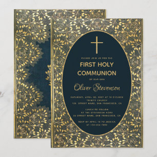 Invitation Boy First Communion Elegant Blue Gold Feuilles Cro
