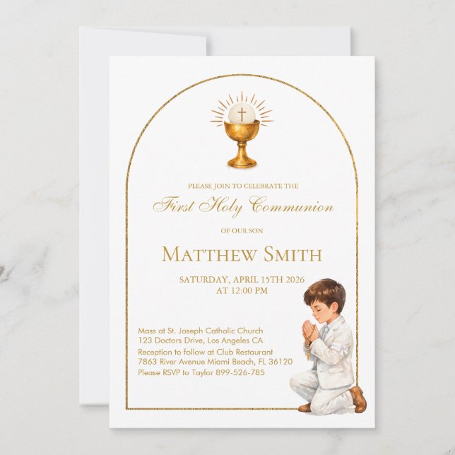 Invitation Boy First Communion Gold Boho Arch & Chalice (Devant)