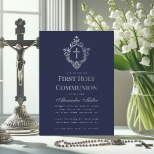Invitation Boy First Communion Marine Blue Vintage Crest Cros