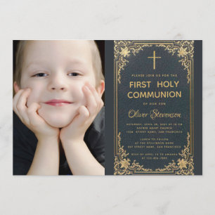 Invitation Boy First Communion Vintage Blue Gold Cross Photo