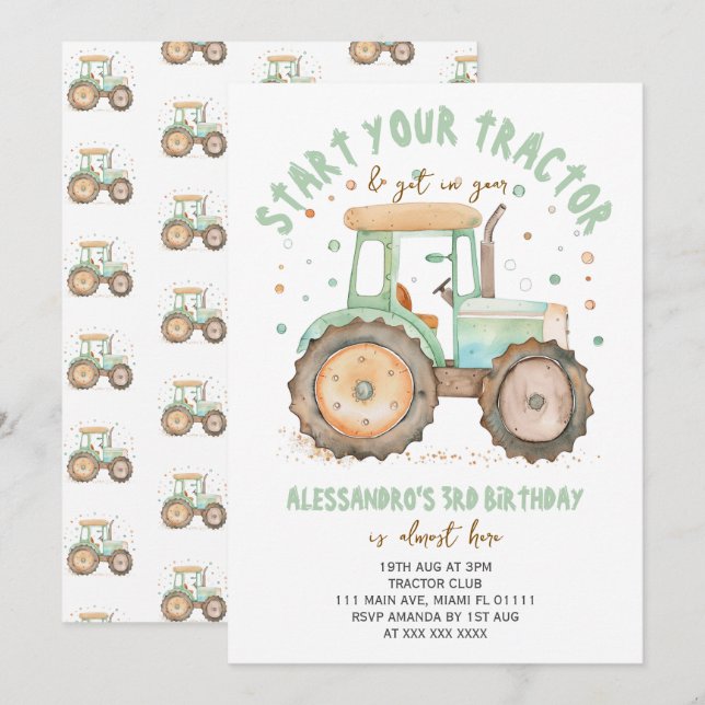 Invitation Boy Green Tractor 3ème anniversaire (Devant / Derrière)