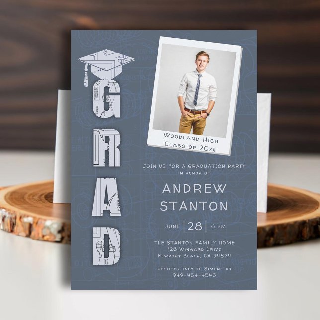 Invitation Boy High School Graduation Science Tech Grey Photo (high school graduation boys ceremony party invitation tech technical science scientist engineer gray)