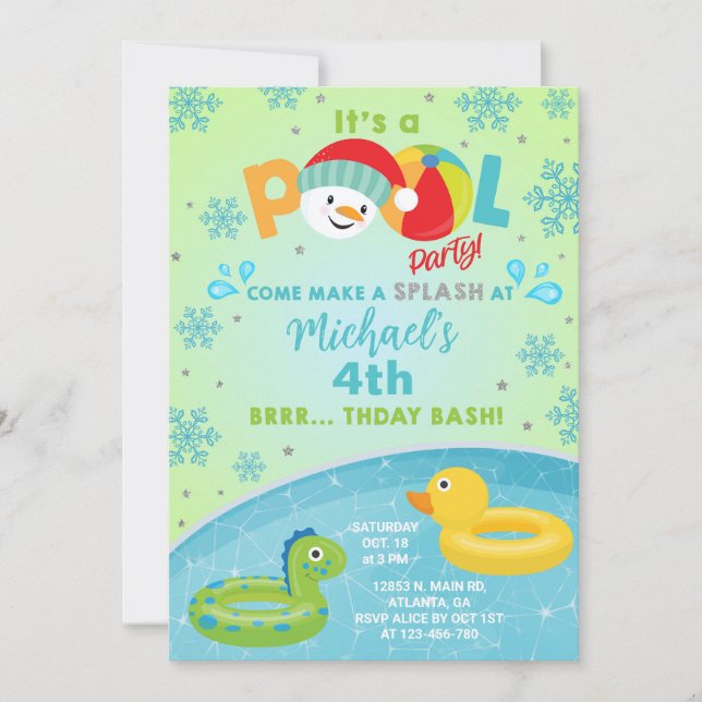 Invitation Boy indoor winter pool party birthday invitation. (Devant)