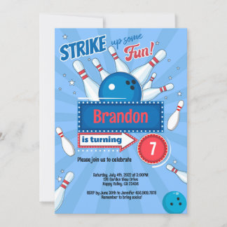 Invitation Boy Kid Bowling fête d'anniversaire Retro Blue & R
