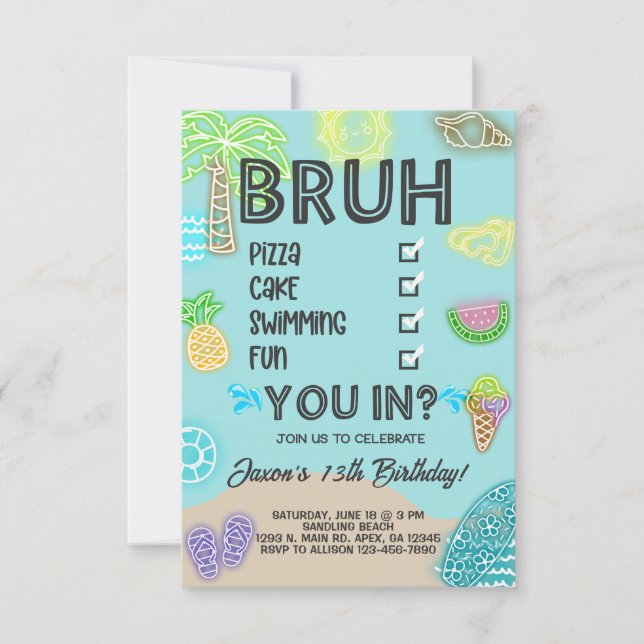 Invitation Boy Pool Beach Anniversaire, lueur néon, entrez. (Devant)