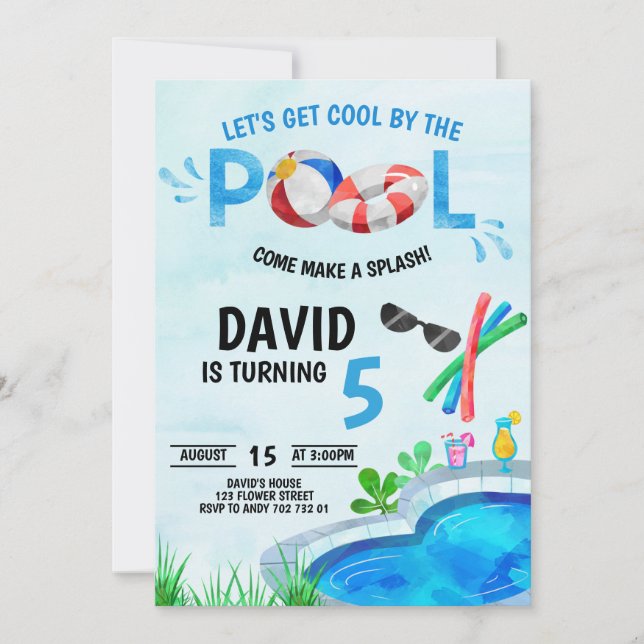 Invitation Boy Pool Party Anniversaire Cool au bord de la pis (Devant)