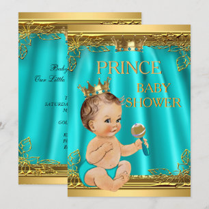 Invitation Boy Prince Baby shower Aqua Turquoise Brunette béb